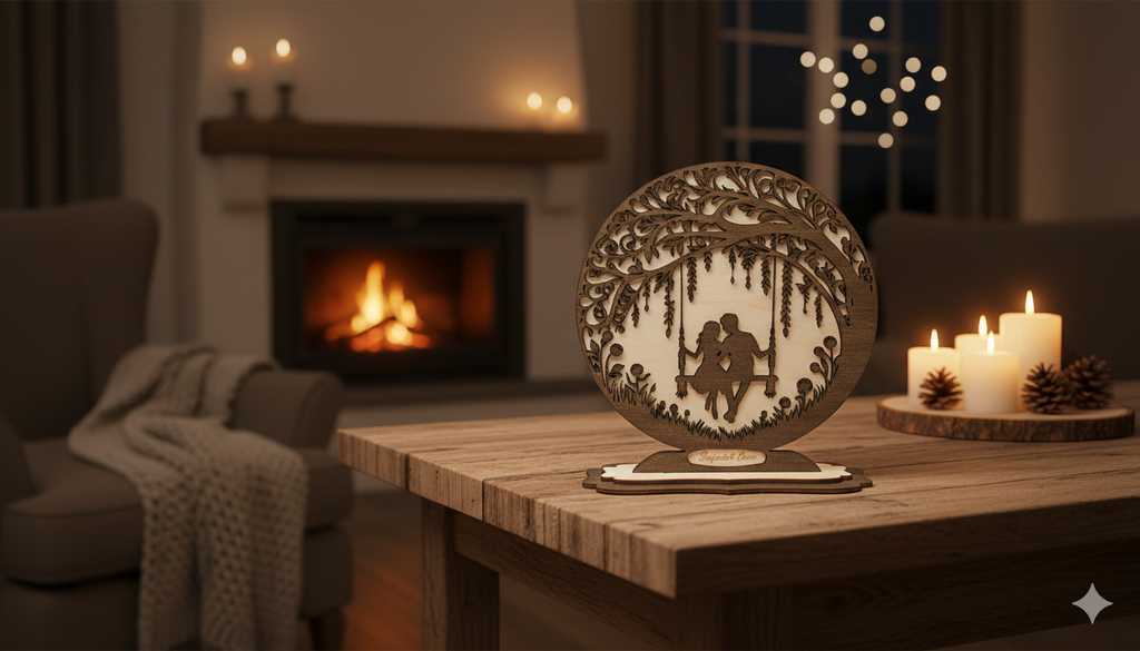 Moment im Glück – Personalisiertes 3D-Schattenbild auf Schaukel aus Balsaholz mit Gravur