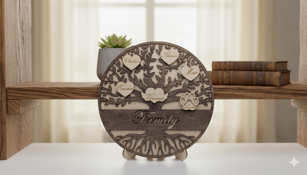 Lebenskreis – Personalisierter 3D-Stammbaum aus Balsaholz mit Gravur