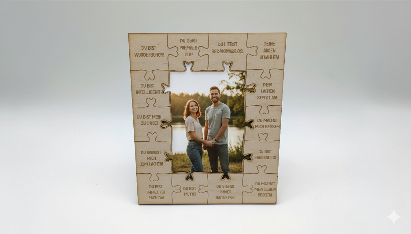 Puzzle-Liebe – Personalisierbarer Laser-Holzrahmen mit Gravur & Puzzle-Design
