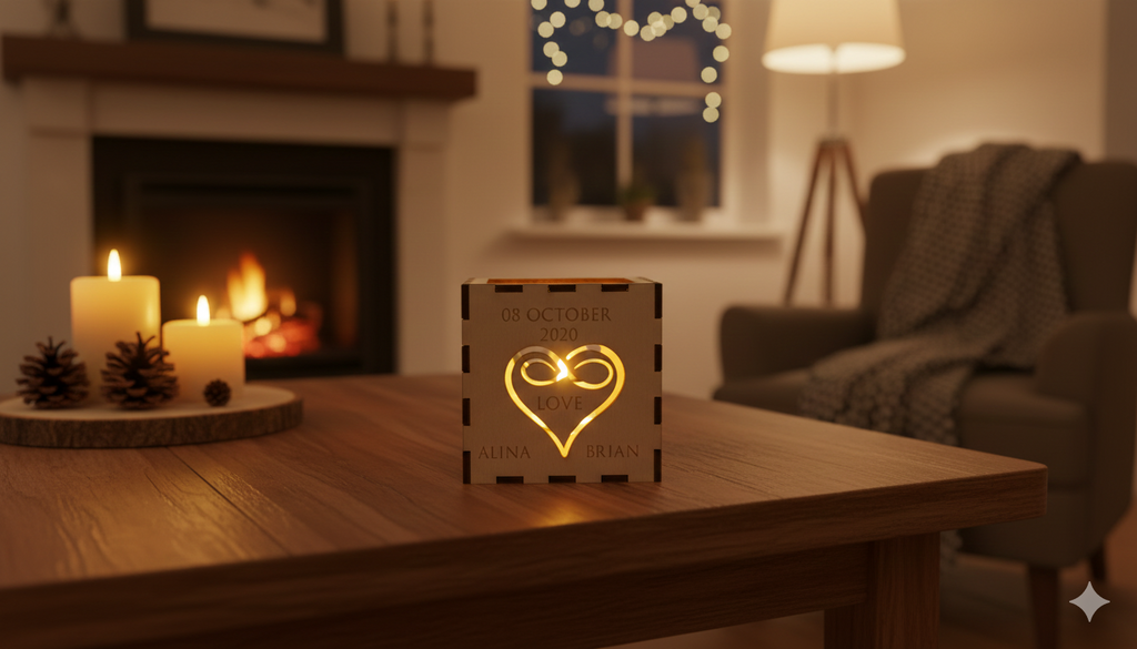 Lichtmoment – Personalisiertes 3D-Teelicht-Display aus Holz mit Gravur
