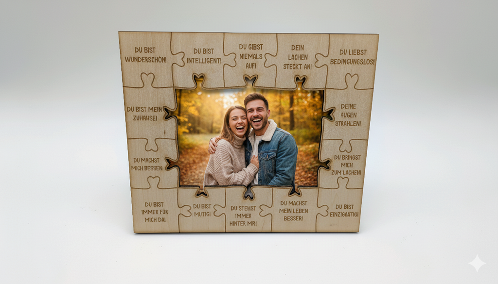 Puzzle-Liebe – Personalisierbarer Laser-Holzrahmen mit Gravur & Puzzle-Design