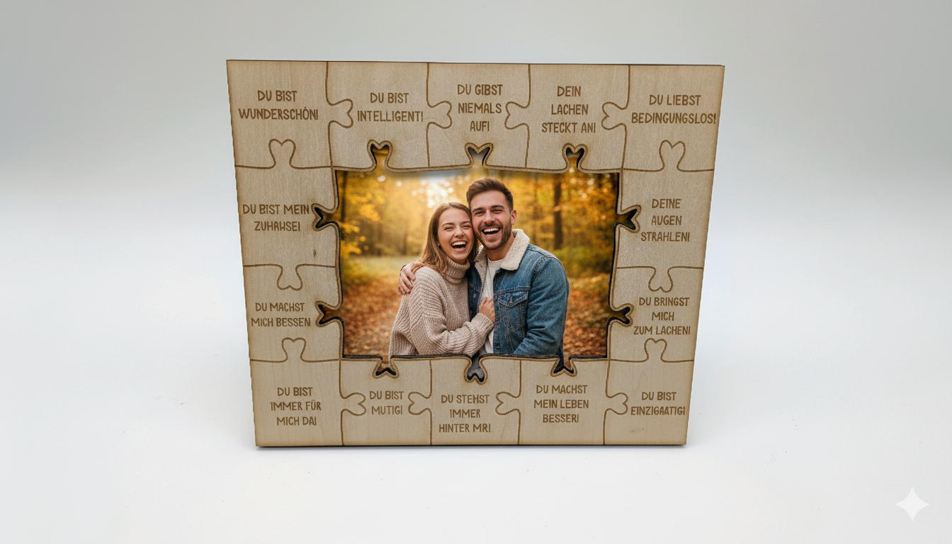Puzzle-Liebe – Personalisierbarer Laser-Holzrahmen mit Gravur & Puzzle-Design