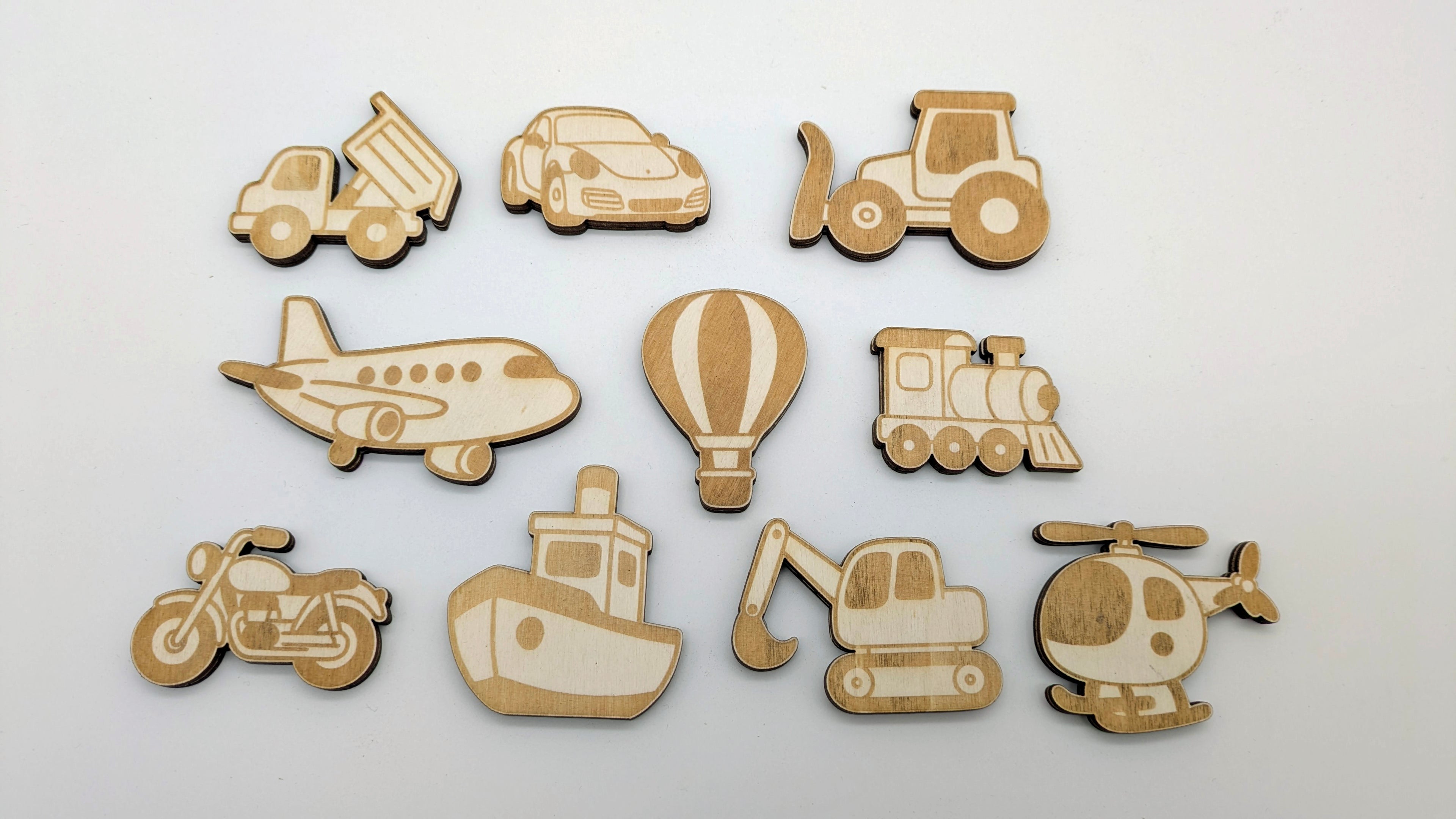 🚜 10er Set Fahrzeug-Magnete – Handgefertigter Fuhrpark aus Holz